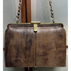 Saks Fifth Ave Vintage 50s Exotic Genuine Lizard Shoulder Bag Brown Gold Chain